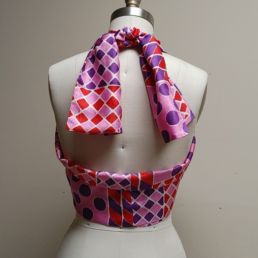 Vintage Sash Scarf Wrap in Circle Diamond Square Print Pink Purple Orange White - Picture 14 of 16